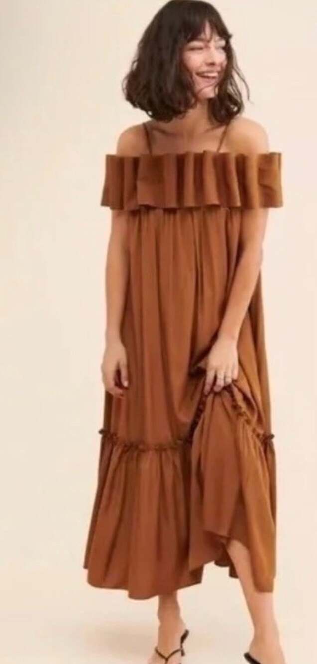 Mare Mare Off-The-Shoulder Structured Midi Dress Camel Brown Size S
